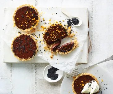 Five-ingredient chocolate sesame tarts
