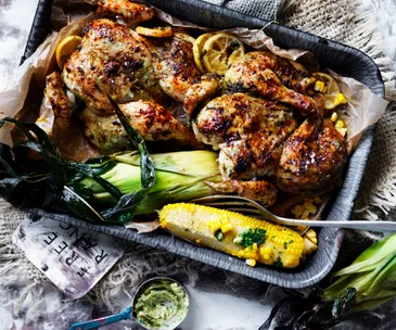 Garlicky herb roast chickens