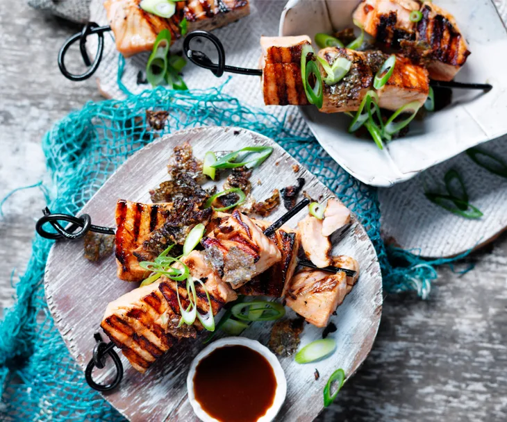 Salmon yakitori with sweet rice miso sauce