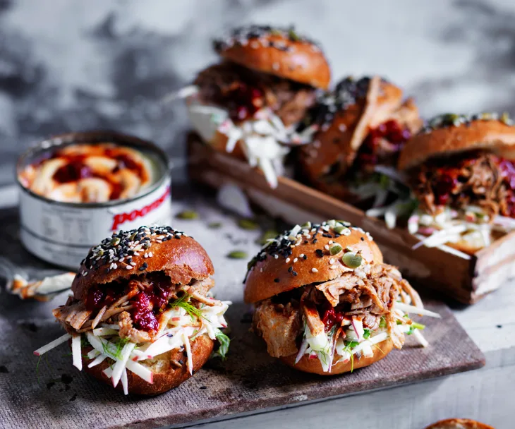 Pulled pork sliders with apple slaw and chipotle mayo