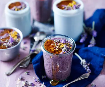 Blueberry and lavender chia puddings with bee pollen