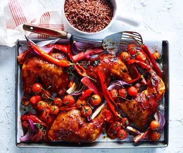 Chicken tray bake with rhubarb, capsicum and chilli