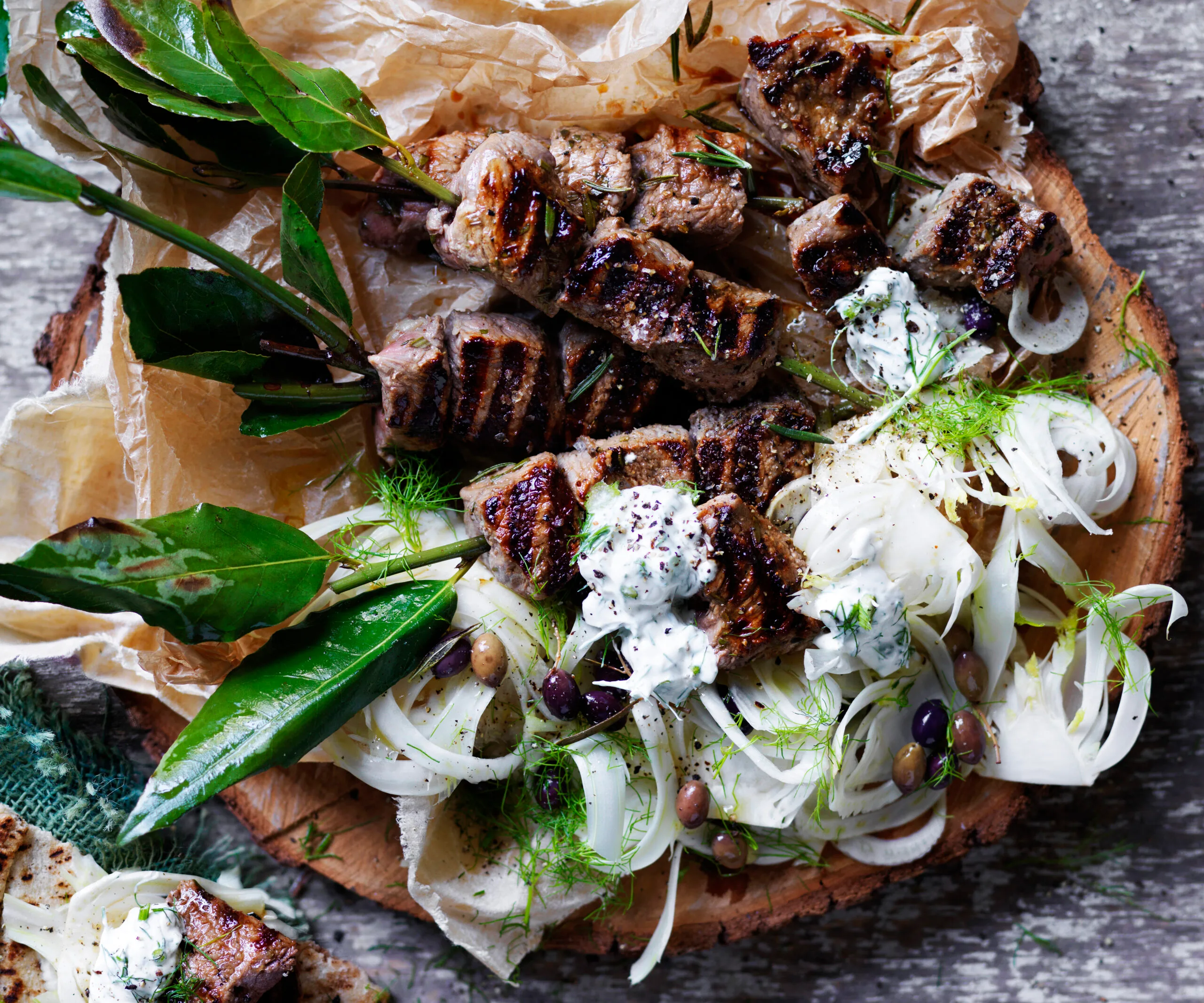 beef souvlaki with fennel salad