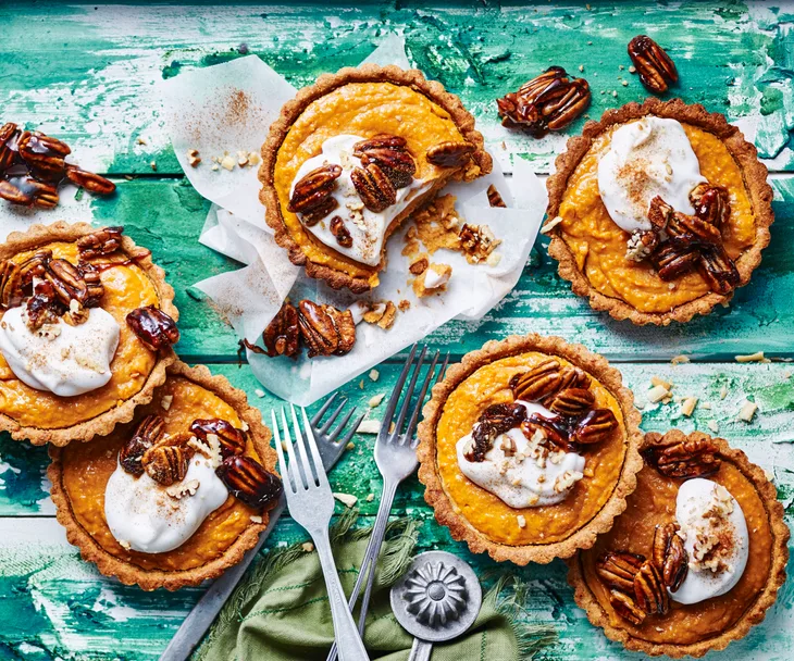 Kumara and coconut tarts with pecan toffee