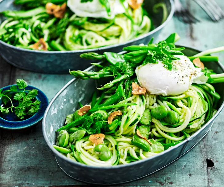 Zucchini primavera with poached eggs