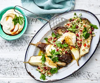 Smoky eggplant with lentil and pomegranate crunch