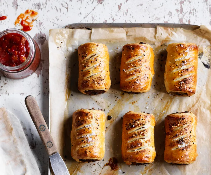 Lamb, eggplant and haloumi sausage rolls