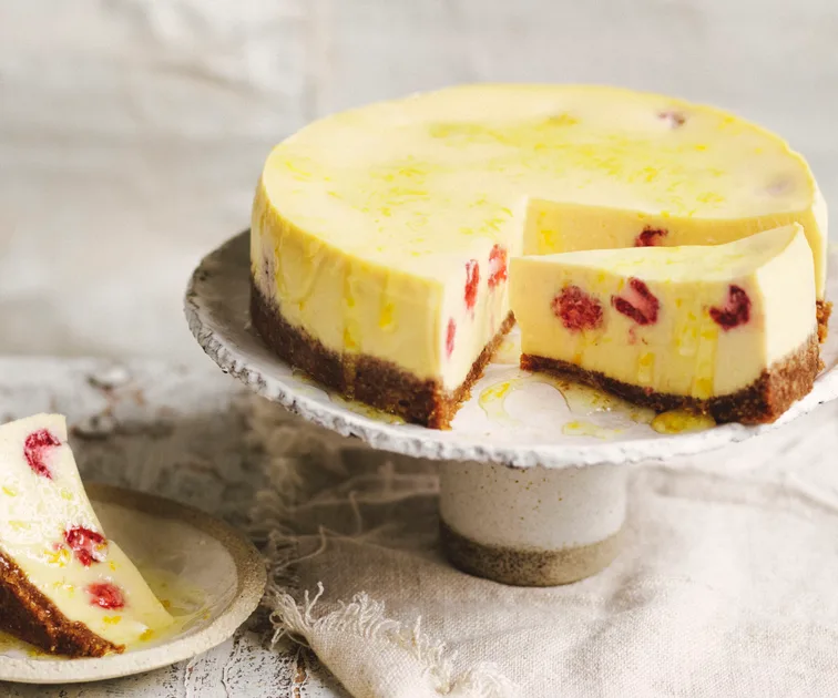 Baked Raspberry Cheesecake with Lemon Syrup