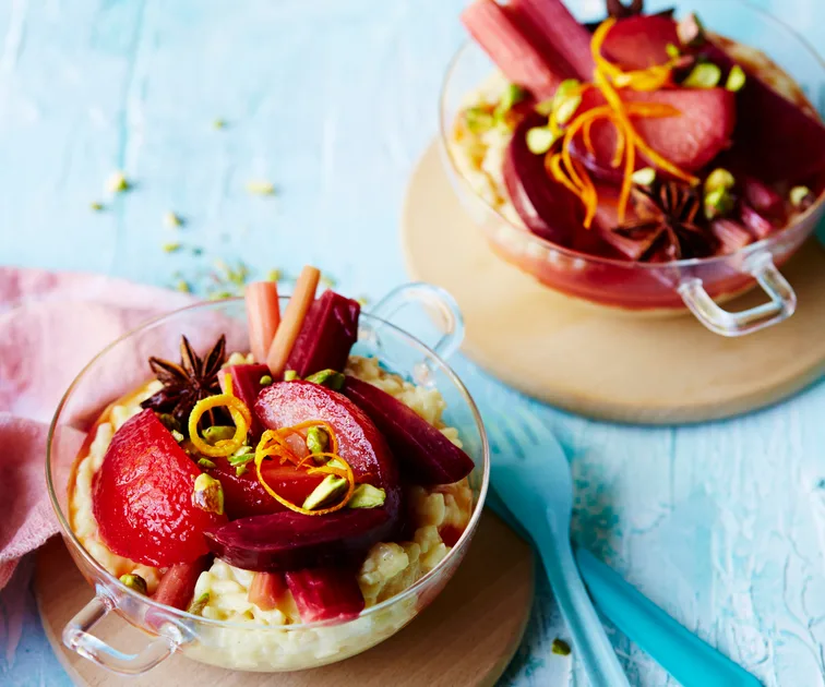 Rice Pudding with Poached Rhubarb and Plums