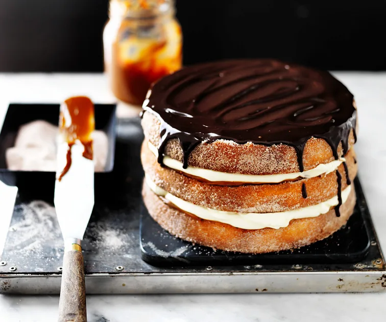Churros Cake with Chocolate Ganache and Dulce de Leche