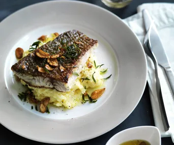 crisp-skinned fish with roast garlic skordalia