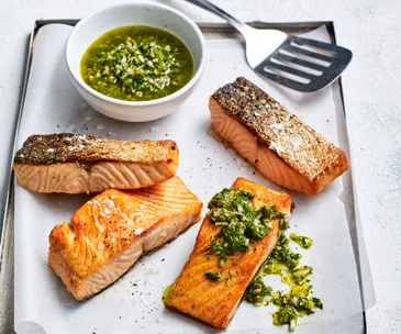 Crisp-skinned air fryer salmon with salsa verde