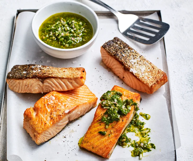 Crisp-skinned air fryer salmon with salsa verde