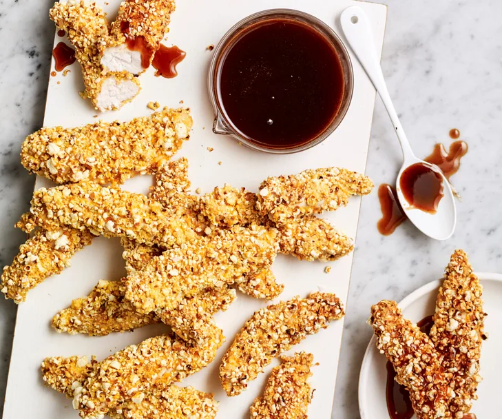 Air fryer popcorn-coated chicken with honey bbq sauce