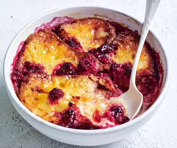 Air fryer lemon curd and raspberry bread and butter pudding