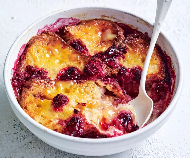 Air fryer lemon curd and raspberry bread and butter pudding