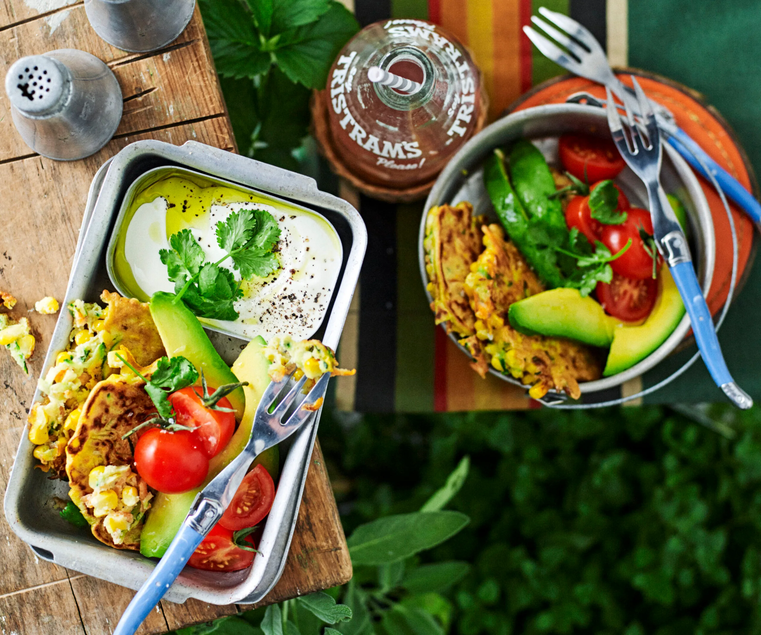 zucchini, carrot and corn fritters with avocado and coriander salsa