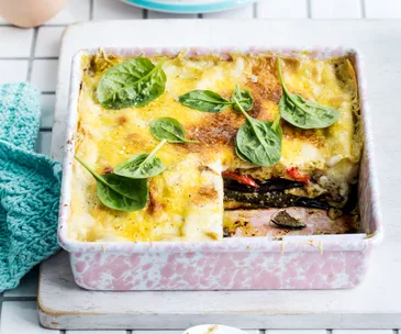 Roast vegetable and pesto vegan lasagne