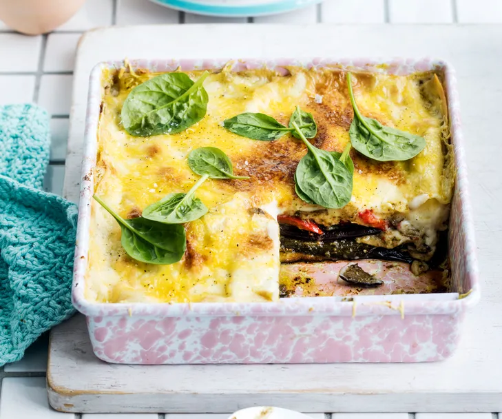 Roast vegetable and pesto vegan lasagne