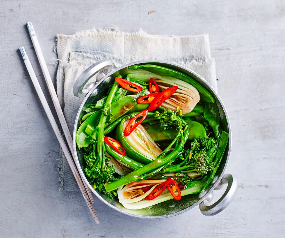 steamed asian greens with char siu sauce