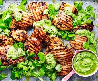 Barbecued chermoula chicken with pea puree