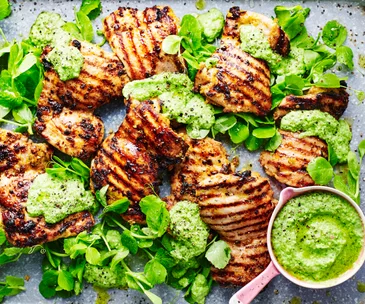 Barbecued chermoula chicken with pea puree