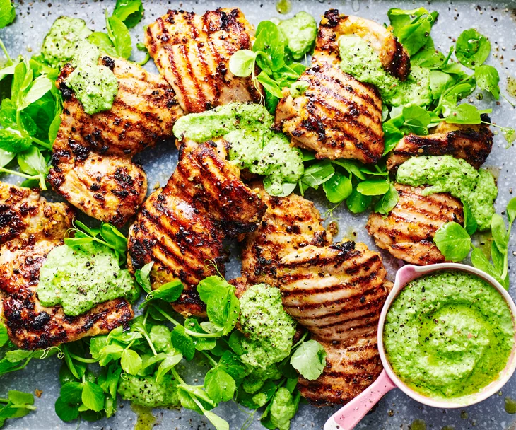 Barbecued chermoula chicken with pea puree