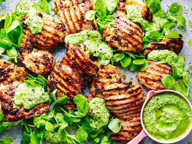 Barbecued chermoula chicken with pea puree