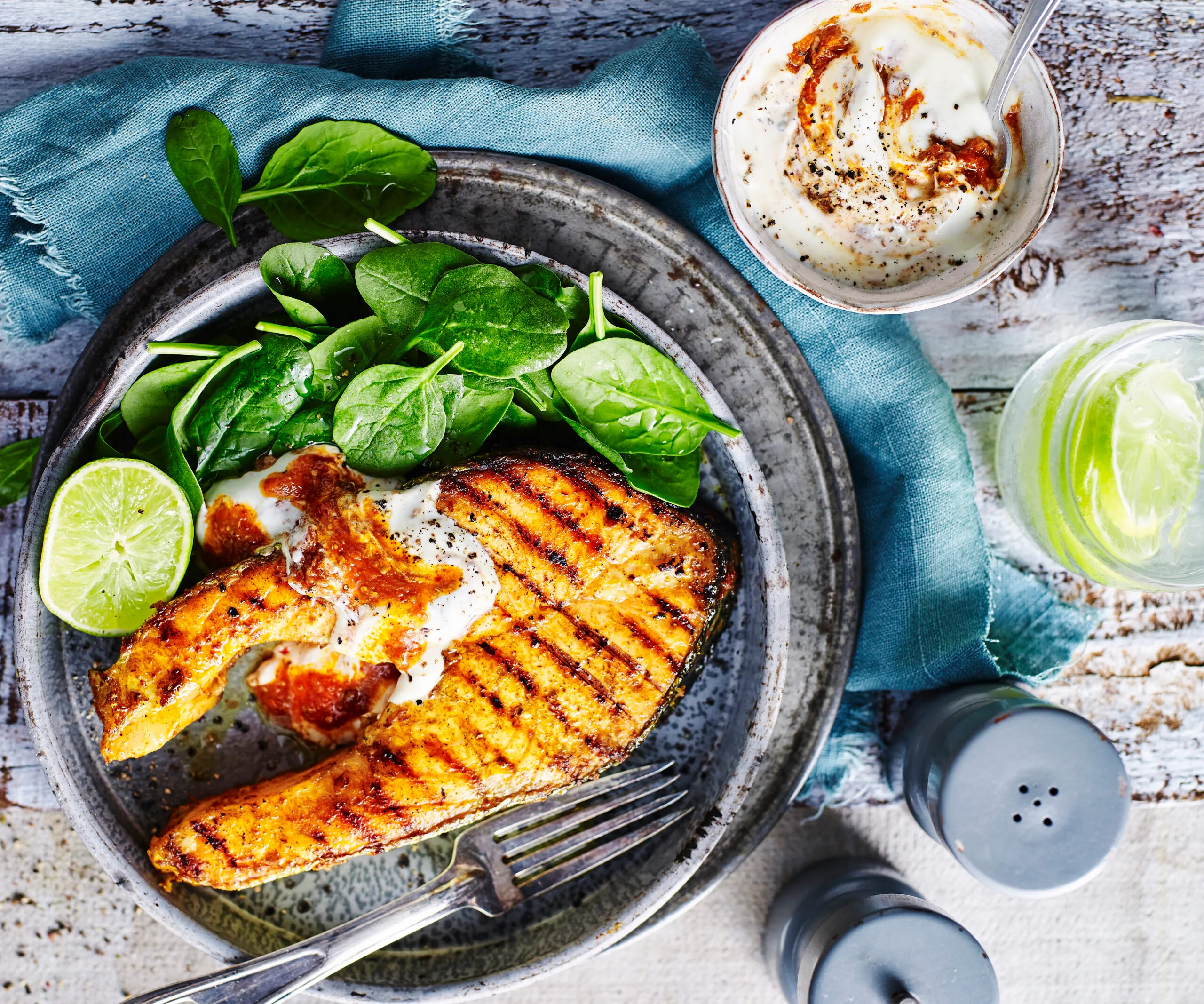 kerala-style salmon with lime pickle yogurt
