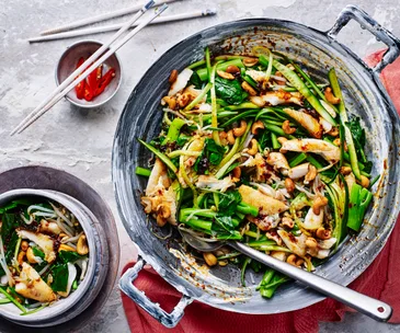 Stir-fried fish with gai lan and cashews
