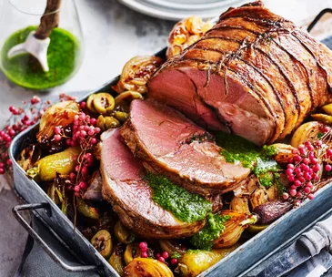 Pink peppercorn lamb with balsamic onions