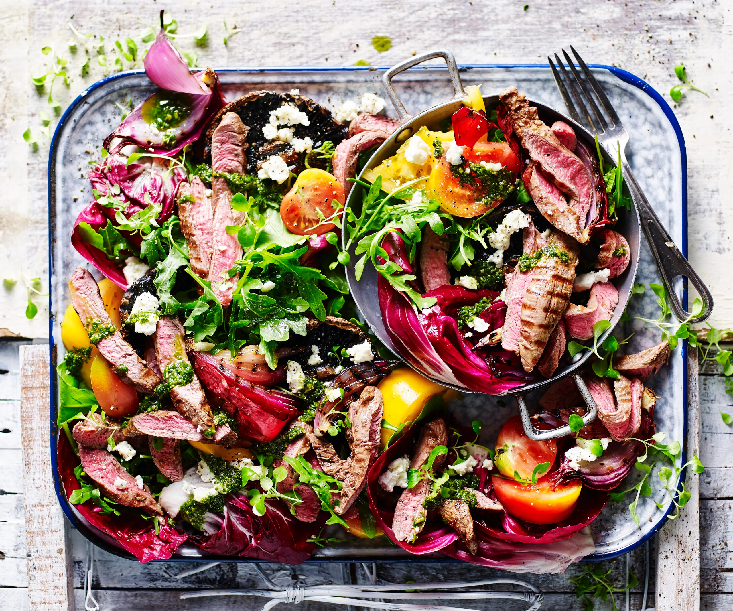 lamb fillet salad with green pesto dressing