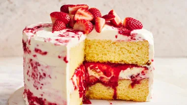 our best ever sponge cake topped with strawberries