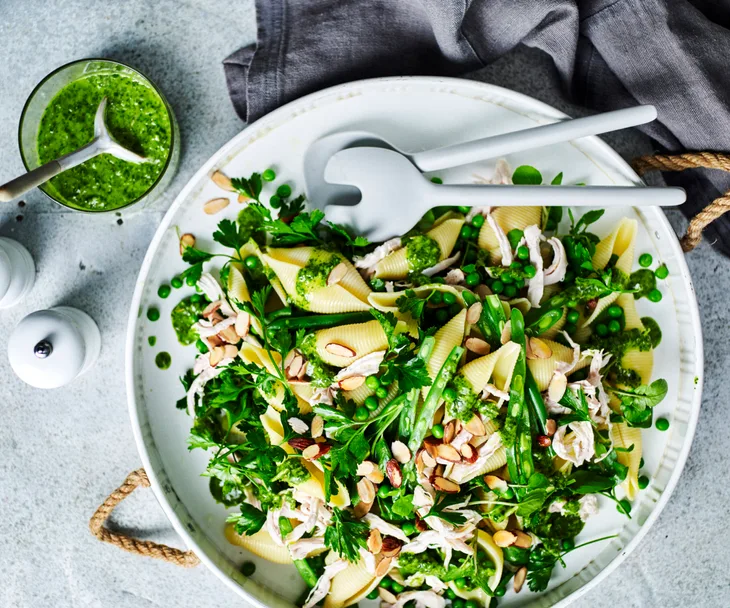 Chicken and watercress pasta salad using leftover roast chicken