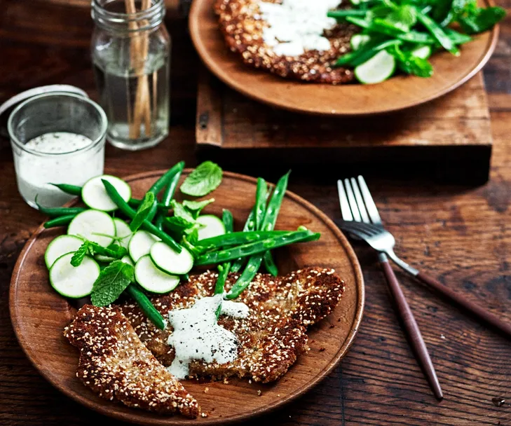 Gluten free chickpea schnitzels and yoghurt sauce