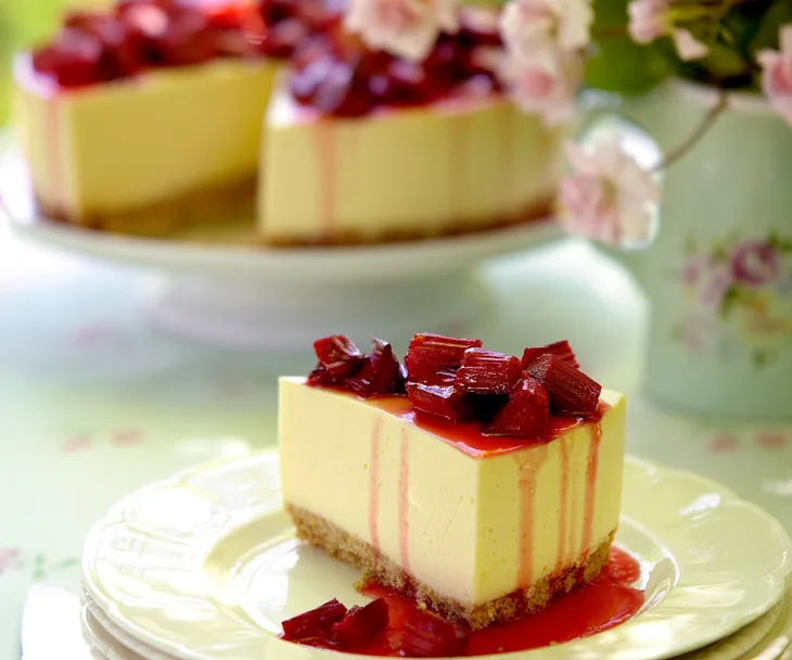 Summer Lemon Cheesecake with Sticky Rhubarb Topping