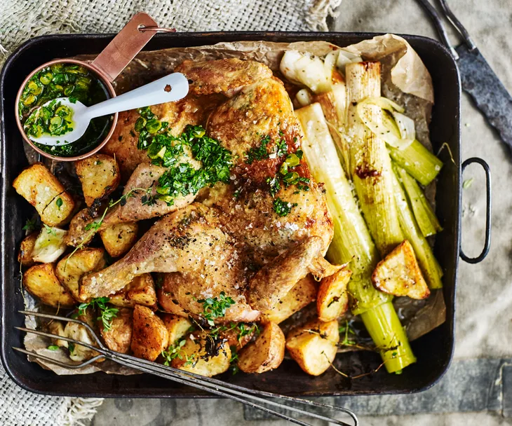 Butterflied roast chicken with leek