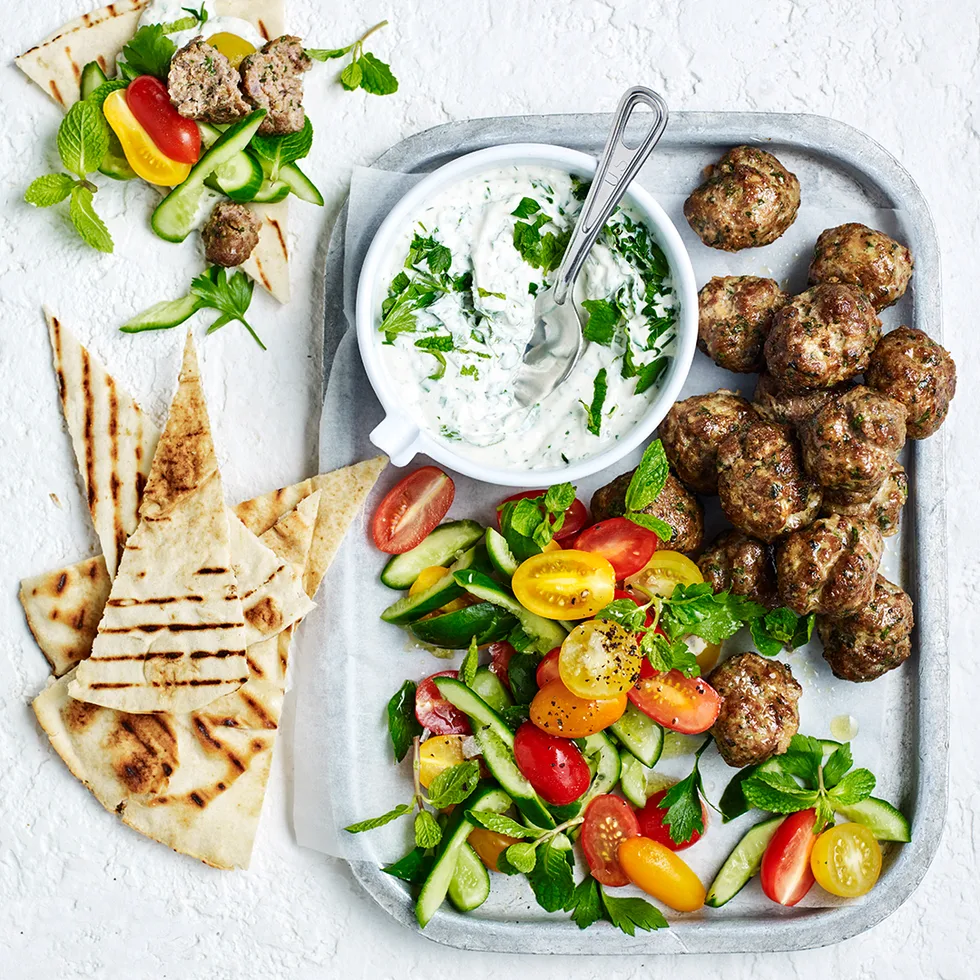 Lamb kofta in the air fryer with green tahini yoghurt and grilled pitta bread