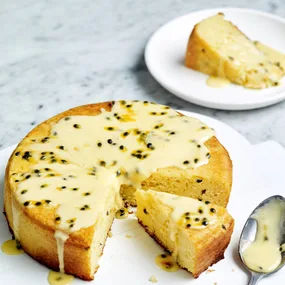 air fryer buttermilk cake with passionfruit dressing