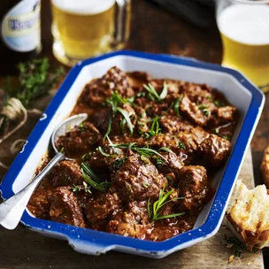 beef carbonnade flamande in a baking dish