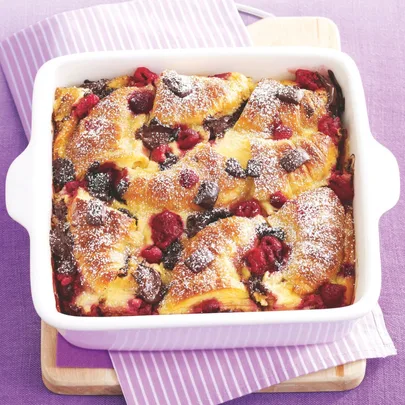 Chocolate and raspberry croissant pudding