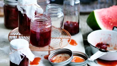 jars of preserves on a kitchen bench