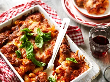 baked gnocchi and meatballs in a baking tray