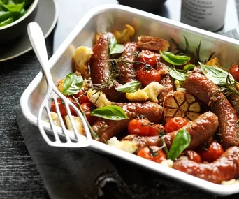 Rosemary roasted sausages and tomato tray bake