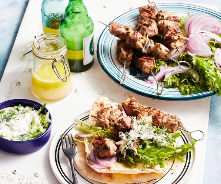 Pork souvlaki with flatbread