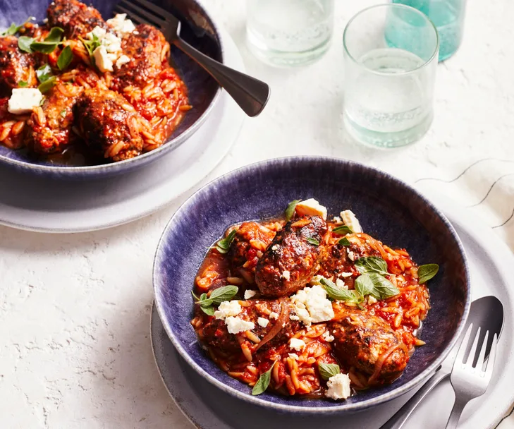 Slow cooker Greek ‘sausages’ with olives and risoni