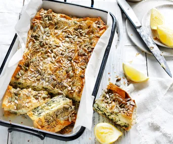 cheese and silverbeet borek in a rectangular dish