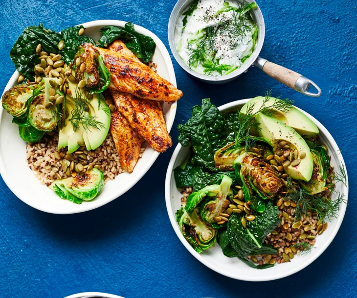 Chicken rice and mega greens mega bowl with tzatziki