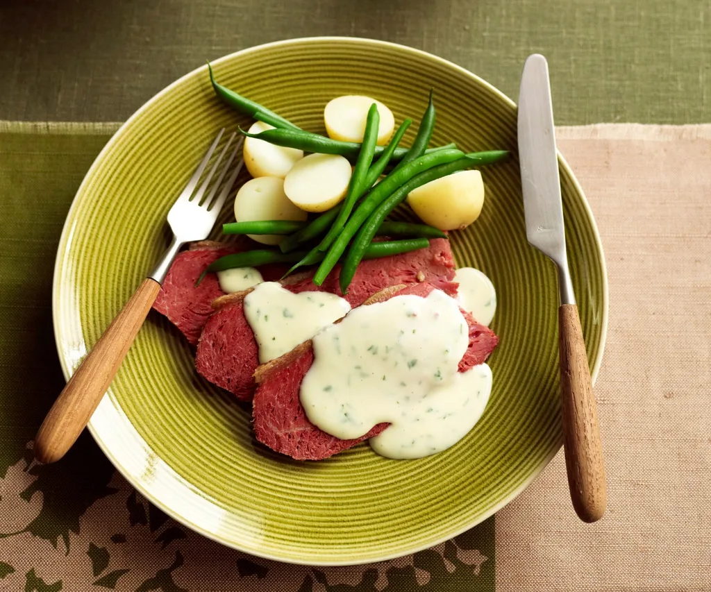 traditional corned beef with horseradish white sauce