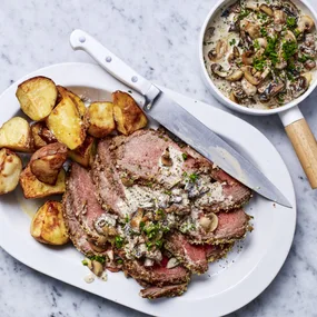 air fryer roast beef with potatoes and creamy mushrooms